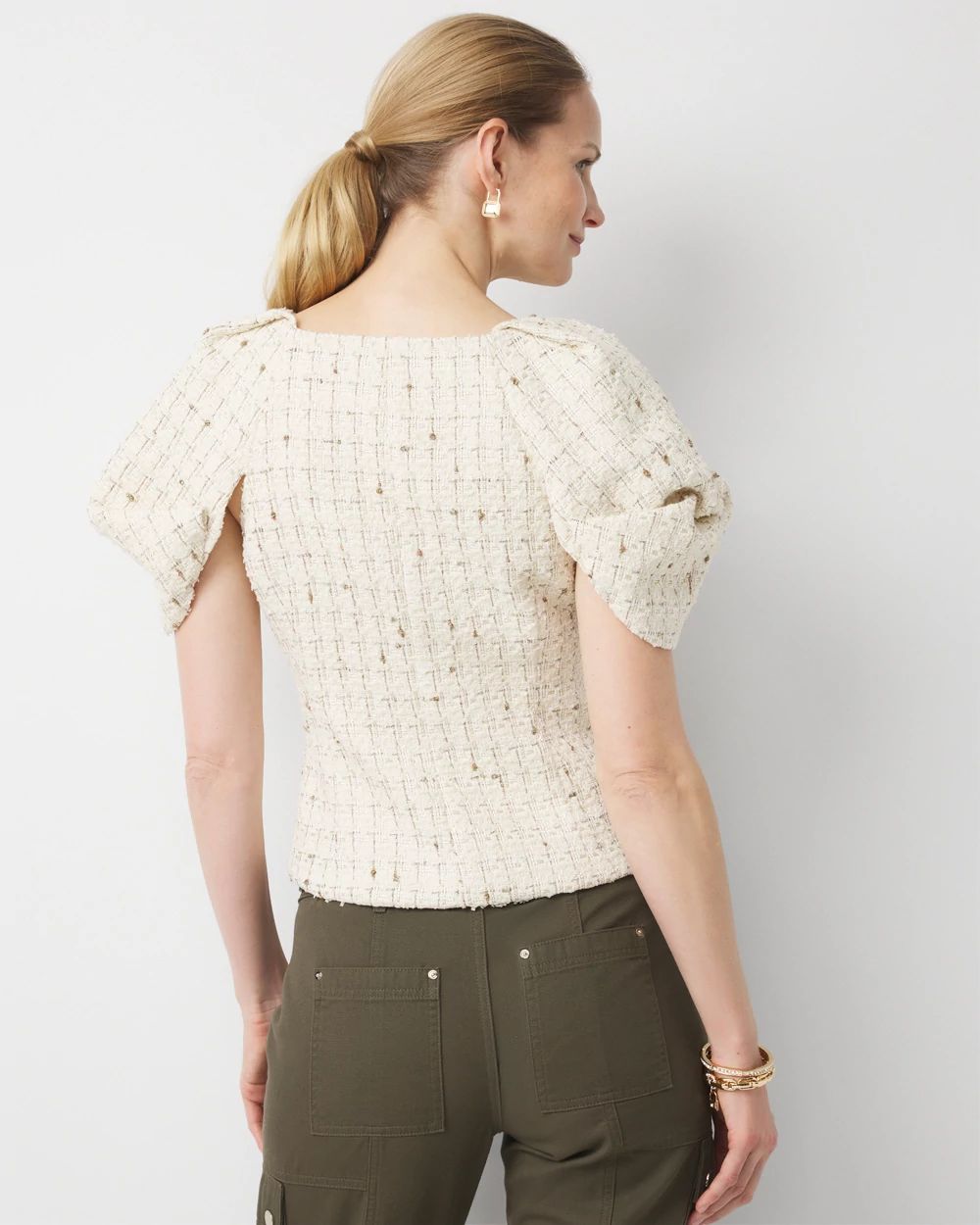 【Greed International 】Tweed Puff Blouse Puff Sleeve Tweed Top | White House Black Market